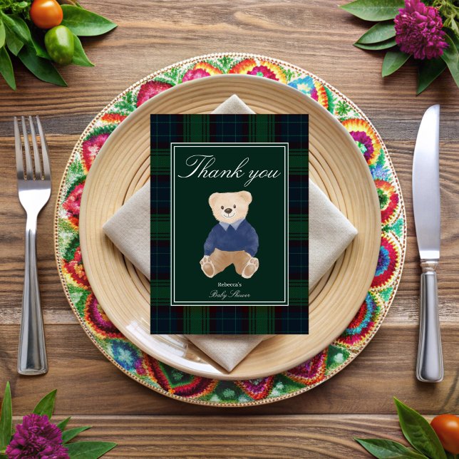 Barly wait Classic plaid babydusch Tack Kort (Bearly wait classic green plaid polo teddy bear baby shower thank you cards)