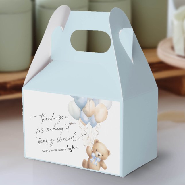 Barly Wait Cute Nalle och Blue Balloations Presentaskar (We Can Bearly Wait, Blue Baby Boy Shower Favor Box.)