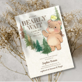 Barly Wait Cute Woodland Bear Baby Shower Inbjudningar