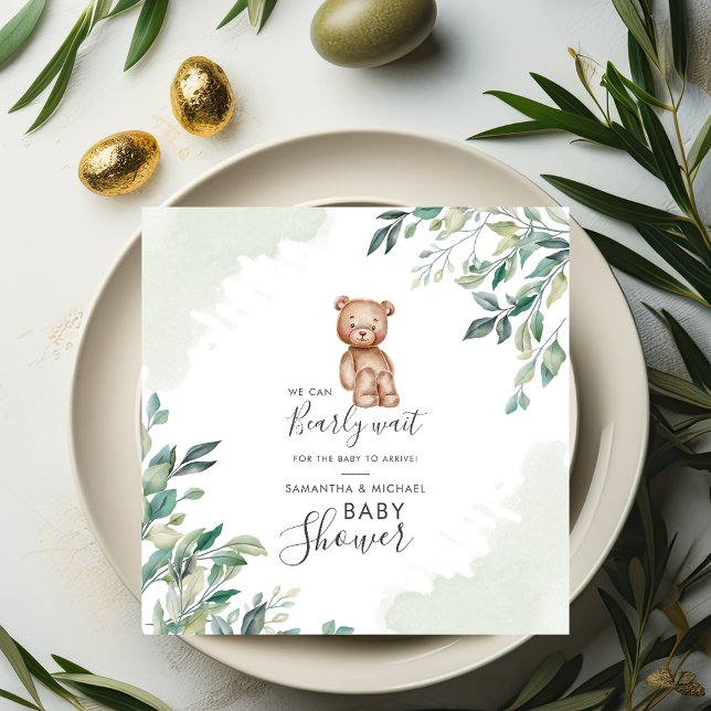 Barly Wait Eucalyptus Löv Par Baby Shower Pappersservett (Eucalyptus and Bear Baby Shower Paper Napkin)