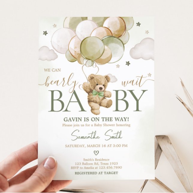 Barly Wait Grönt Balloon Baby Shower Inbjudningar (Gender Neutral Bear Balloons Baby Shower Invitation)