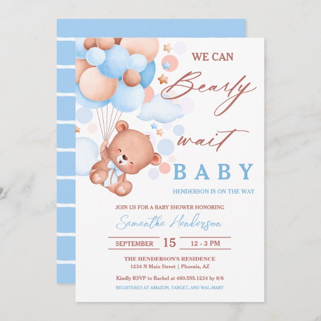 Barly Wait Luftballong Baby Shower Blue Boy Inbjudningar (Fram/baksida)
