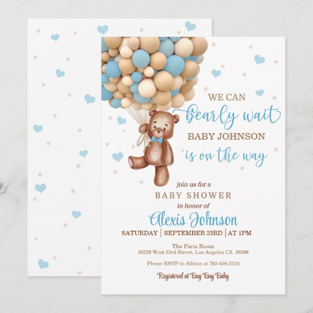 Barly Wait Luftballong Baby Shower (Boy) Inbjudningar (Fram/baksida)