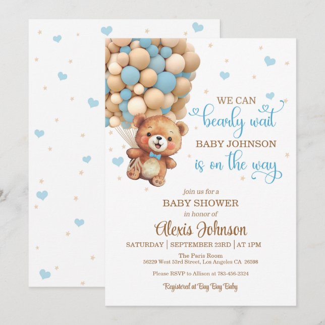 Barly Wait Luftballong Baby Shower (Boy) Inbjudningar (Fram/baksida)