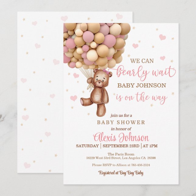 Barly Wait Luftballong Baby Shower (Girl) Inbjudningar (Fram/baksida)