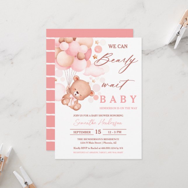 Barly Wait Luftballong Baby Shower Rosa Inbjudningar (Fram/Back In Situ)