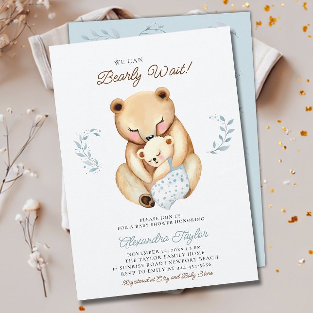 Barly Wait Mamma Bear Unge Woodland Pojke Shower Inbjudningar (we can bearly wait baby boy shower invitation mama bear cub woodland forest cute sweet animal)