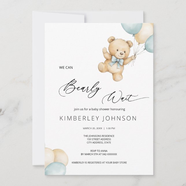Barly Wait Nalle & Baloons Baby Shower Inbjudningar (Framsida)