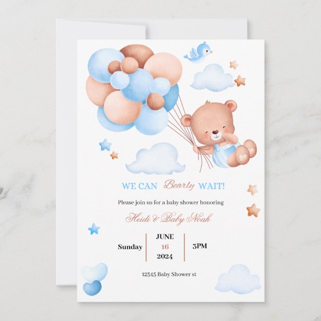 Barly Wait Nalle Blue Baby Shower-inbjudan Inbjudningar (Framsida)