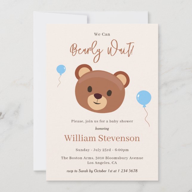 Barly Wait Nalle Brown Blue Boy Baby Shower Inbjudningar (Framsida)