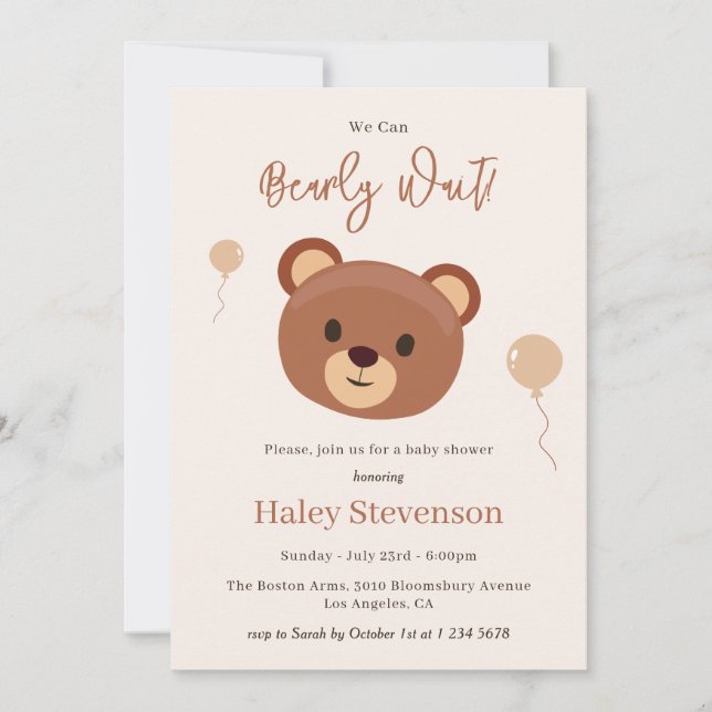 Barly Wait Nalle Brown Neutralt Baby Shower Inbjudningar (Framsida)