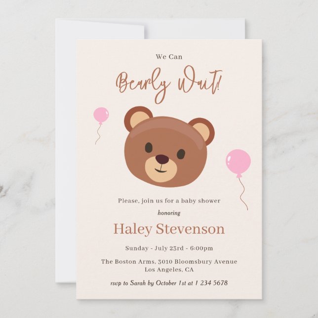 Barly Wait Nalle Brown Rosa Girl Baby Shower Inbjudningar (Framsida)