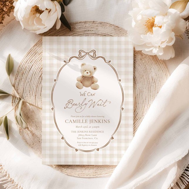 Barly Wait Nalle Gingham Baby Shower Inbjudan (Bearly Wait Teddy Bear Baby Shower Invitation)