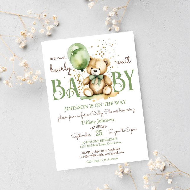 Barly wait nalle grönt brun babydusch inbjudningar (Teddy bear bearly wait baby shower template invitation instant download sage green gold brown)