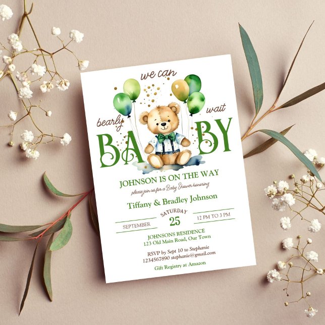 Barly wait nalle grönt brun babydusch inbjudningar (Bearly wait green and brown teddy bear baby shower template invitation instant digital download )