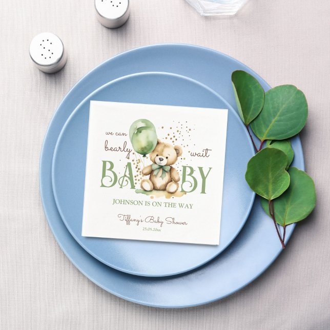 Barly wait nalle grönt brun babydusch pappersservett (Bearly wait cute teddy bear sage green balloon baby shower monogram printed napkins table decor)