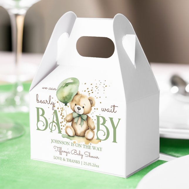 Barly wait nalle grönt brun babydusch presentaskar (Bearly wait teddy bear sage green brown baby shower favors personalized printed favor boxes)