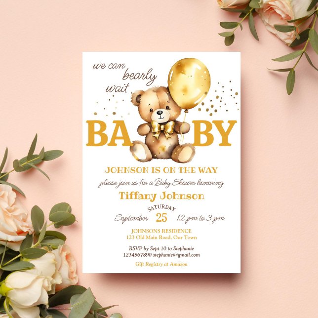 Barly wait nalle guld brun babydusch inbjudningar (Bearly wait teddy bear baby shower template invitation digital download gold brown balloons teddy )