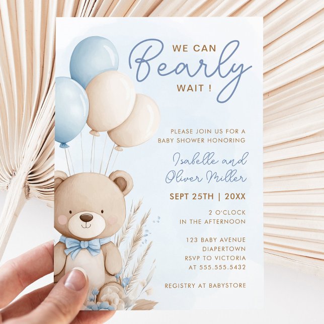 Barly Wait Neutralt Blue and White Baby Shower Inbjudningar (Bearly Wait Neutral Blue and White Baby Shower Invitation)