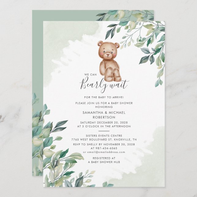 Barly Wait Par Baby Shower Eucalyptus Foliage Inbjudningar (Fram/baksida)