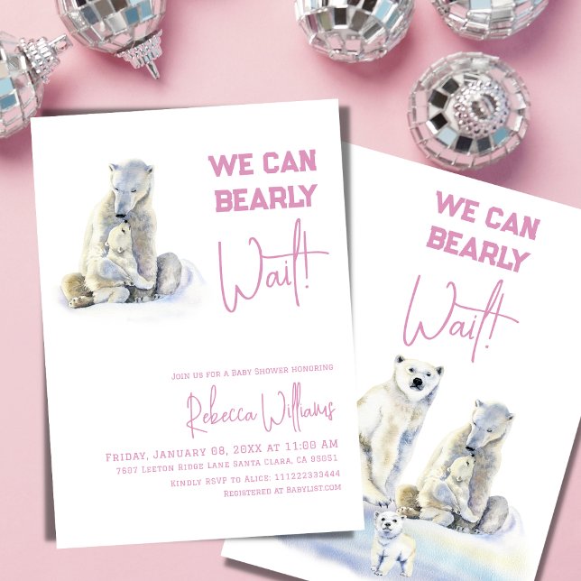 Barly Wait Polar Bear Rosa Girl Baby Shower Inbjudningar (Skapare uppladdad)