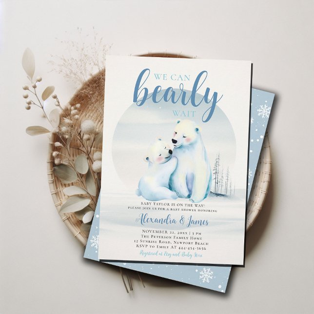 Barly Wait Polar Mamma Bear Unge Pojke Shower Inbjudningar (we can bearly wait baby boy shower invitation winter polar mama bear cub cute sweet animal blue ice)