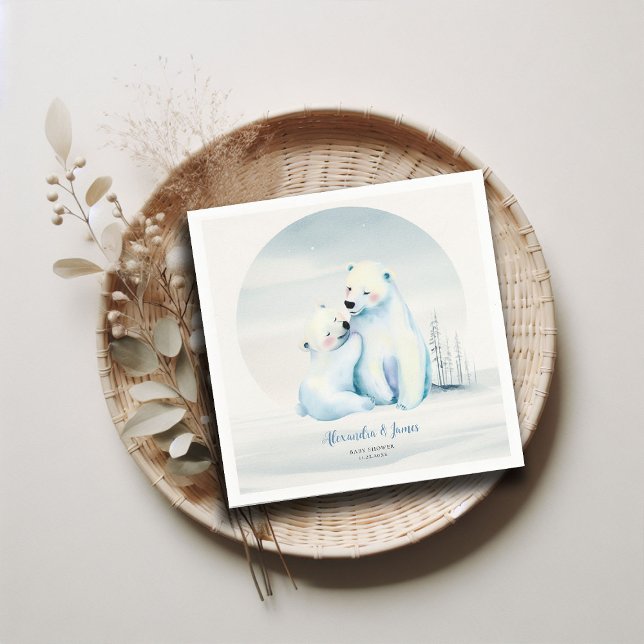 Barly Wait Polar Mamma Bear Unge Pojke Shower Pappersservett (winter boy baby shower bearly wait polar bear mama cub watercolor cute adorable love napkin custom)