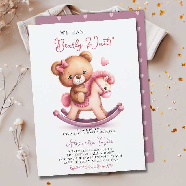 Barly Wait Rocking Horse Bow Flicka Shower Inbjudningar (we can bearly wait baby girl shower invitation teddy bear cute rocking chair cowboy western pink bow)