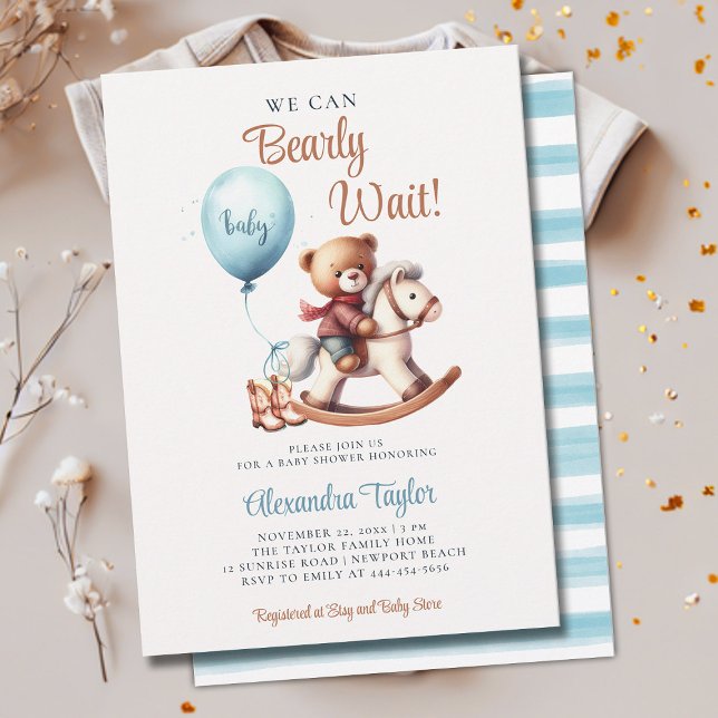 Barly Wait Rocking Horse Cowboy Pojke Shower Inbjudningar (we can bearly wait baby boy shower invitation teddy bear cute rocking chair lil cowboy western brown)