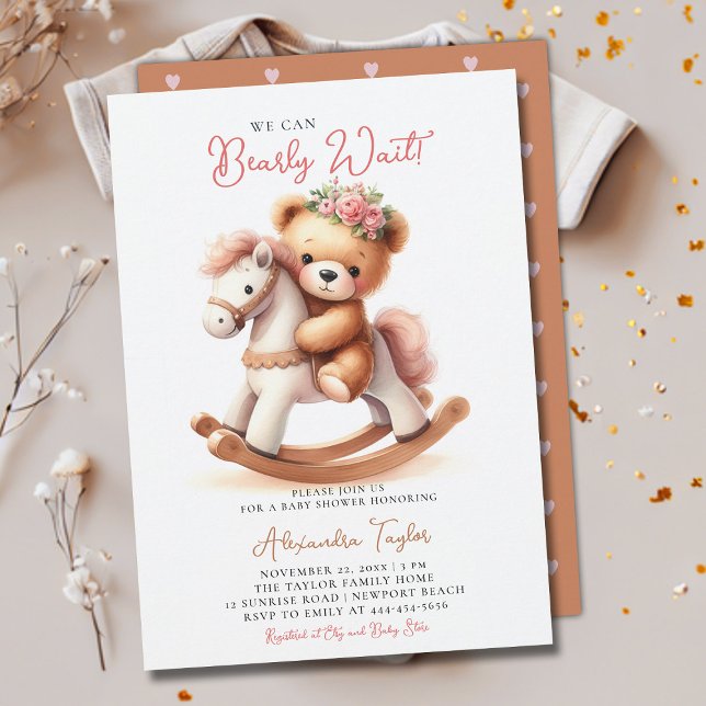 Barly Wait Rocking Horse Ro Flicka Shower Inbjudningar (we can bearly wait baby girl shower invitation teddy bear cute rocking chair cowgirl western roses)