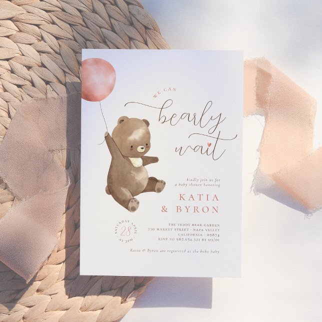 Barly Wait Rosa Balloon & Nalle Baby Shower Inbjudningar (Skapare uppladdad)