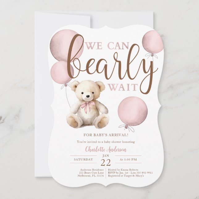 Barly Wait Rosa Balloon Nalle Baby Shower Inbjudningar (Framsida)