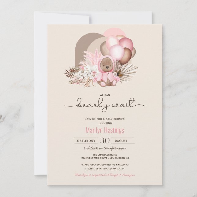Barly Wait Rosa Boho Nalle Girl Baby Shower Inbjudningar (Framsida)