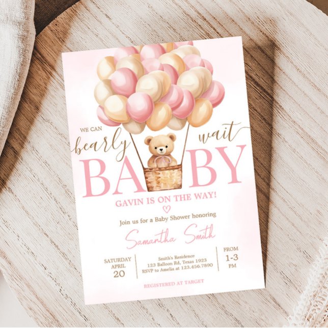 Barly Wait Rosa Luftballong Baby Shower Inbjudningar (Girl Baby Bear Balloons Baby Shower Invitation)