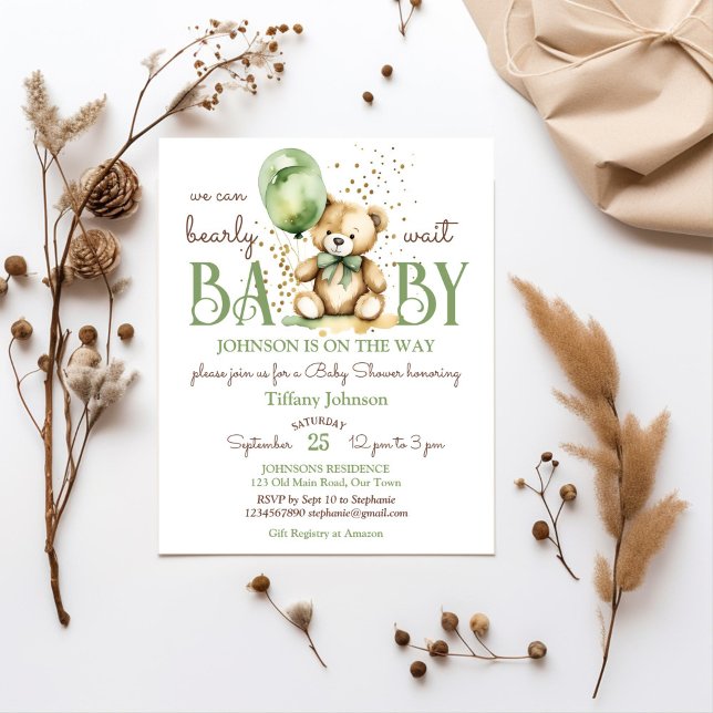 Barly wait teddy grönt babydusch budget inbjudan (Bearly wait teddy bear themed baby shower budget invitation template sage green brown themed balloon)