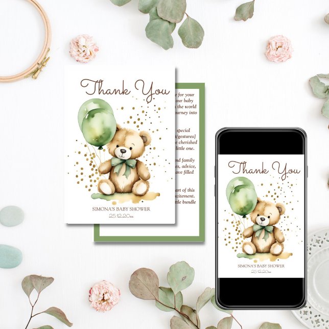 Barly wait tedy grönt babydusch tack vare ditt kor inbjudningar (Bearly wait teddy bear sage green balloons baby shower thank you card editable template download)