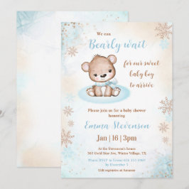Barly Wait Winter Bear Blue Guld Boy Shower Inbjudningar