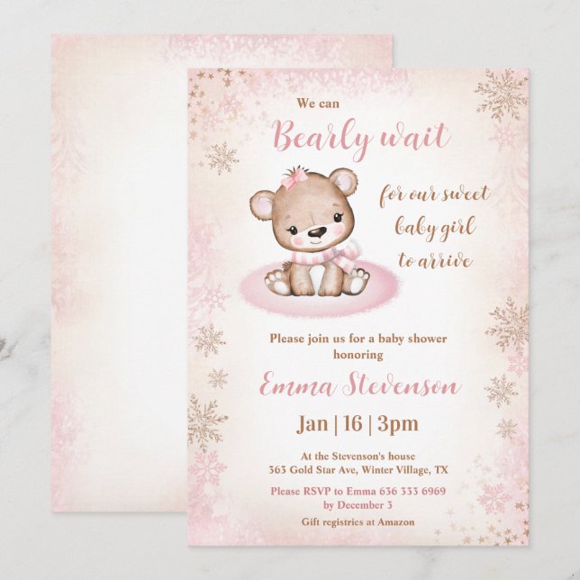 Barly Wait Winter Bear Rosa Guld Girl Baby Shower Inbjudningar (Fram/baksida)
