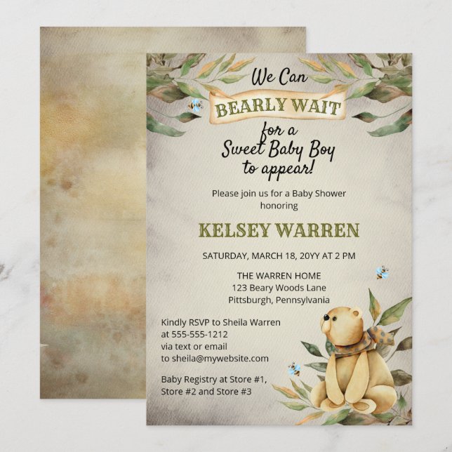 Barly Wait Woodland Nalle Boy Baby Shower Inbjudningar (Fram/baksida)