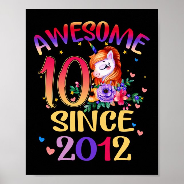 Barn 10:e Födelsedagsfesten Cute Unicorn Girl 10-å Poster (Framsidan)