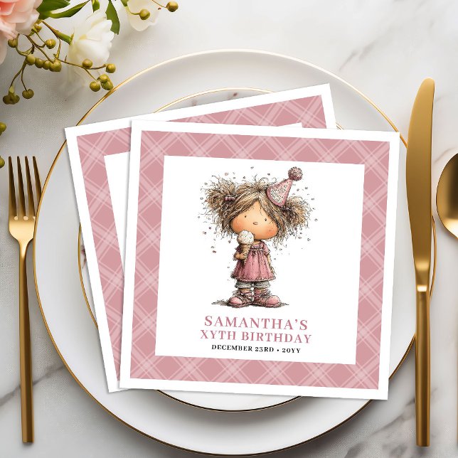 Barn 1:a födelsedag Roligt Nyckfull Flicka Rosa Se Pappersservett (Kids 1st Birthday Funny Whimsical Girl Pink Napkin)