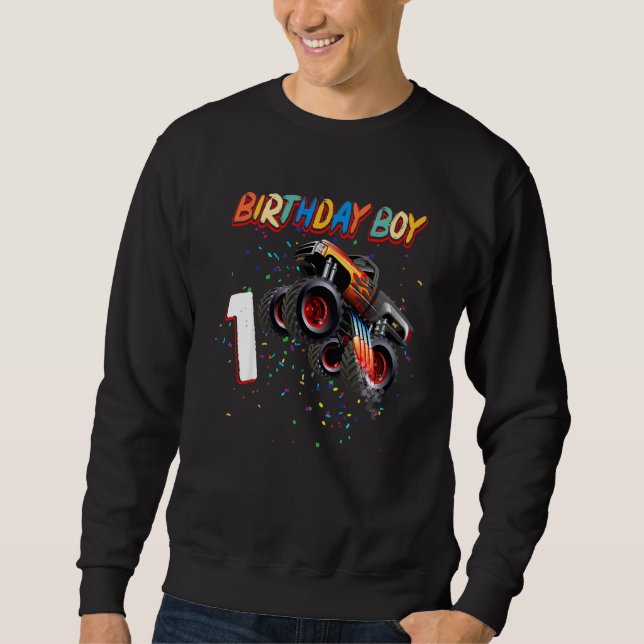 Barn 1 år gamla Bday Boy Monster Lastbilar 1:a föd Lång Ärmad Tröja (Framsida)