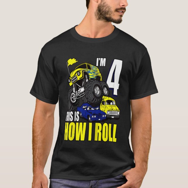 Barn 4 år gamla 4e födelsedagen Monster Lastbilar  T Shirt (Framsida)