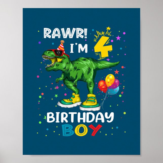 Barn 4 år gammal 4e födelsedagen Boy T Rex Dinosau Poster (Framsidan)