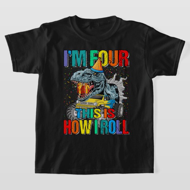 Barn 4 år gammal monster Lastbil Dinosaur Birthday T Shirt (Laydown)