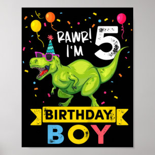 Barn 5 år gammal 5:e födelsedagstjälle T Rex Dinos Poster