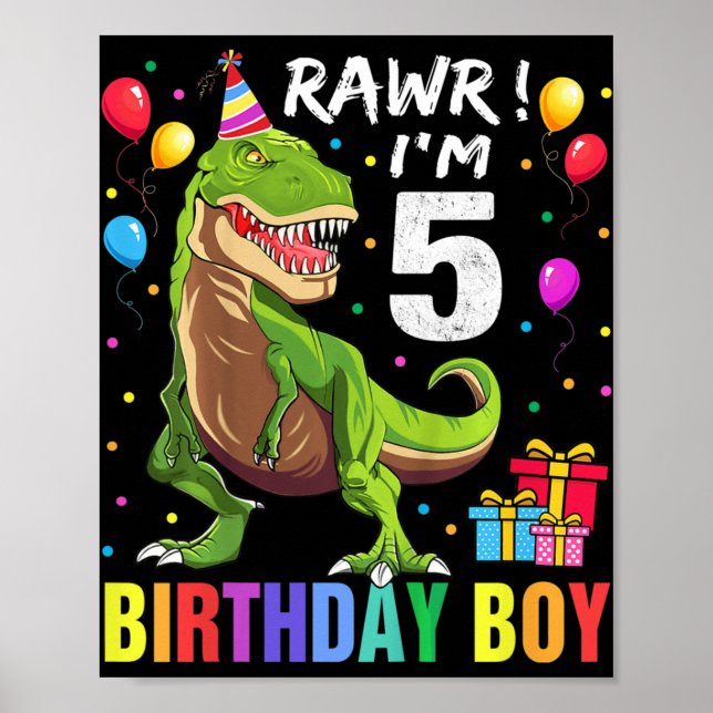 Barn 5 år gammal 5:e födelsedagstjälle T Rex Dinos Poster (Framsidan)