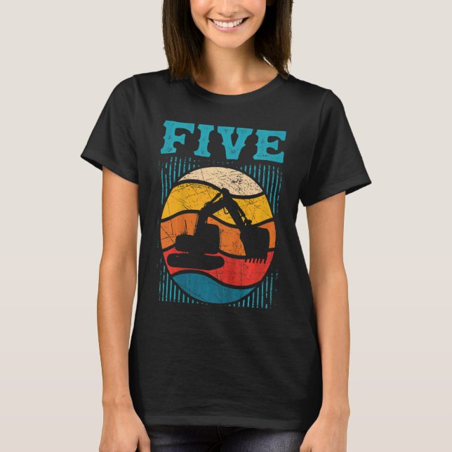 Barn 5:e födelsedag Retro Excavator Construction V T Shirt (Framsida)