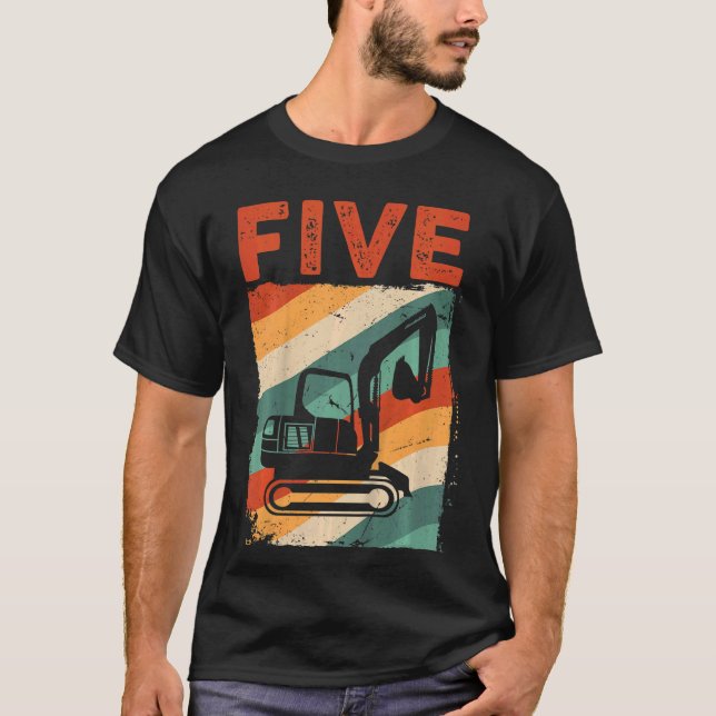 Barn 5:e födelsedag Retro Excavator Construction V T Shirt (Framsida)