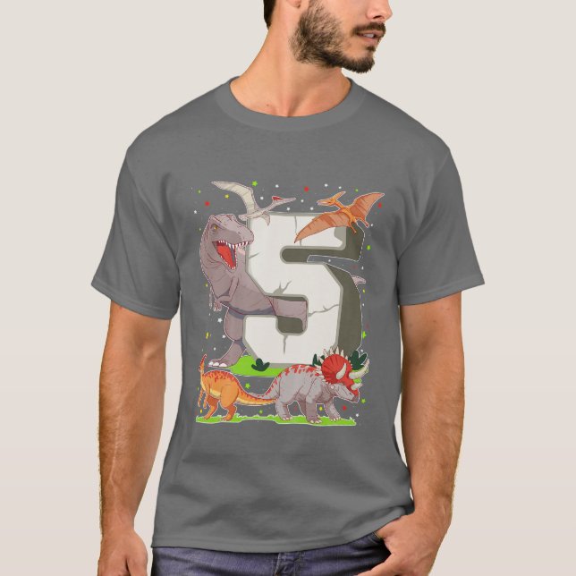 Barn 5:e födelsedagspojken Gift Dinosaur Figurer 5 T Shirt (Framsida)